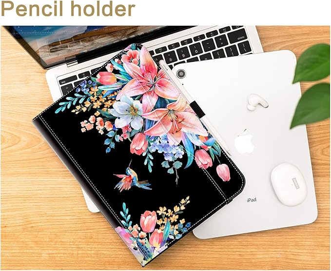 Vimorco Case for iPad (A16) 11th Generation 2025, for iPad 11th/10th Generation Case, Pencil Holder&Handle Strap&Pocket, Multiple Stand Protector PU Leather Shell Cover, Black Flower Hummingbird