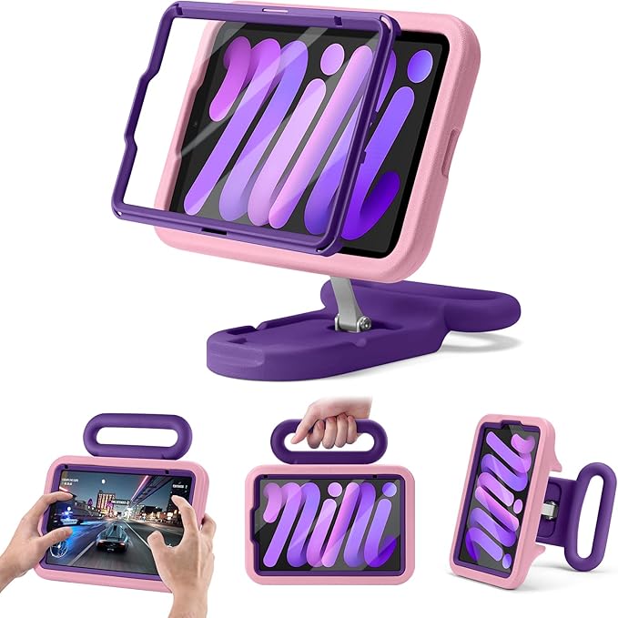 Kids Case for iPad mini 7 (A17 Pro) 2024 / iPad mini 6 2021, Adjustable Portrait/Landscape Stand, Drop Proof Handle Kickstand, Child Friendly with Screen Protector for iPad mini7th/6 8.3 inch(Pink)