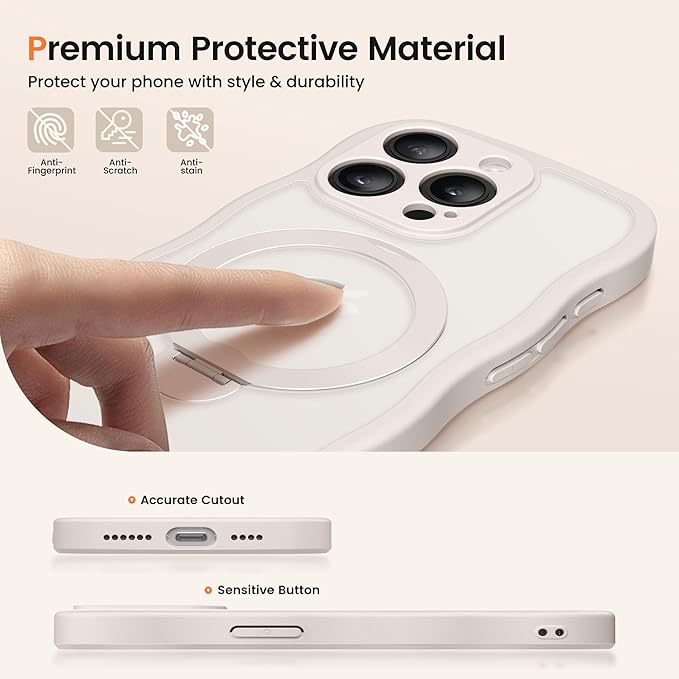 CAPRARO for iPhone 13 Pro Max Case with 360° Spin Magnetic Stand for Women, [Compatible with MagSafe] [Full Camera Protection] Cute Wave Translucent Matte Case for iPhone 13 Pro Max, Stone