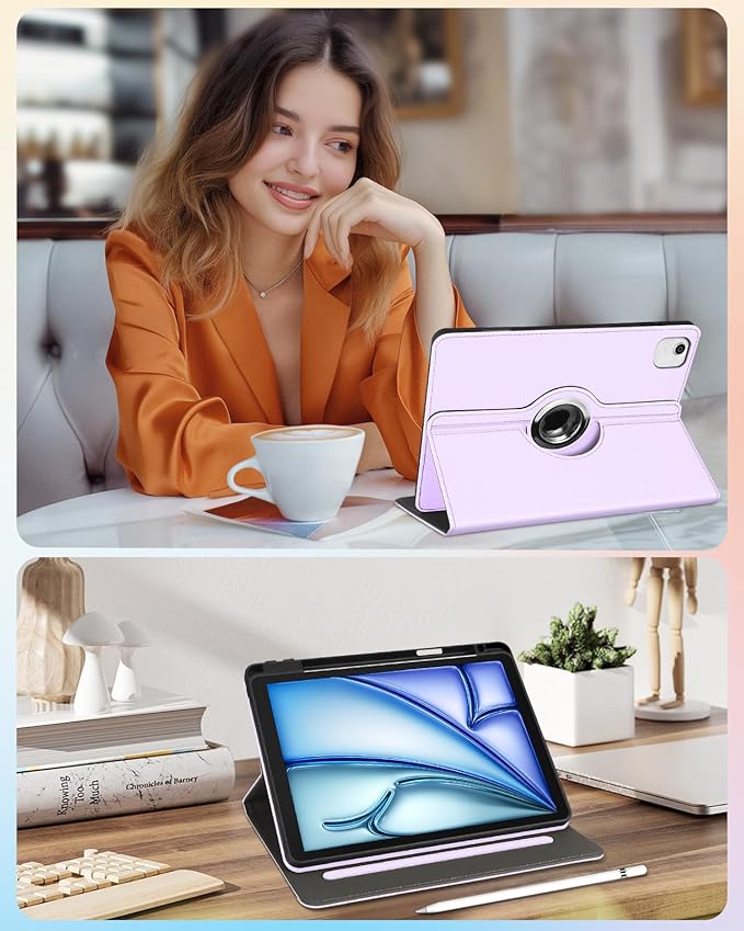 Kidcube for iPad Air 11 Inch Case M3/M2, Air 5th/4th Generation Cases 10.9'', Pro 11'' 2020 - Women Girls Aesthetic Cute Rotating Stand Folio Cover with Pencil Holder & Card Slot Girly Kawaii Cat