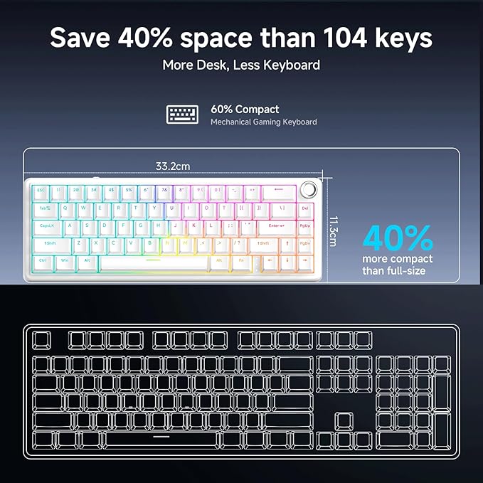 TMKB T68E 60% Wired Gaming Mechanical Keyboard, RGB Backlit Hot-Swappable Gasket Mount, Creamy Keyboard with Pre-Lubed Blueberry Switch, White