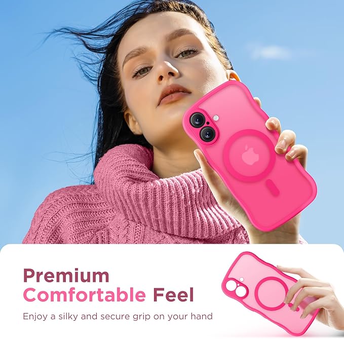 CAPRARO Magnetic for iPhone 17 Case for Women Girls, Upgraded [Full Camera Protection] [Compatible with MagSafe] Cute Wave Translucent Matte Phone Case for iPhone 17, Hot Pink
