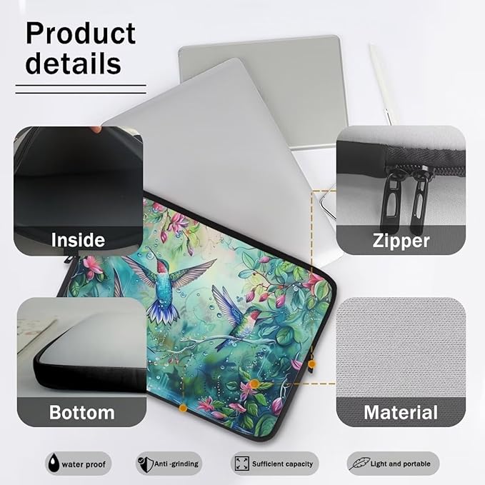 Hummingbird Flower Computer Sleeve for Women Laptop Sleeve 17 inch Neoprene Laptop Covers with Padded Compartment Lap Top Case Computer Carrying Bag