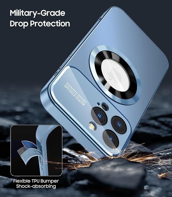 MAKAVO Magnetic for iPhone 12 Pro Max Case, Compatible with MagSafe, Built-in Camera Lens Protector, Logo View, Military Grade Drop Proof Phone Case Cover, Sierra Blue