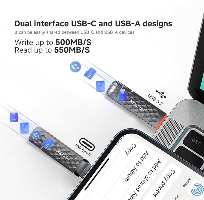 External SSD USB Flash Drive 512GB, Up to 550MB/s External SSD Thumb Drive, USB 3.2 + Type C, for iPhone15/16/17, Android Phone, PS4/PS5/MacBook/iPad/SmartTV, Zinc Alloy Body