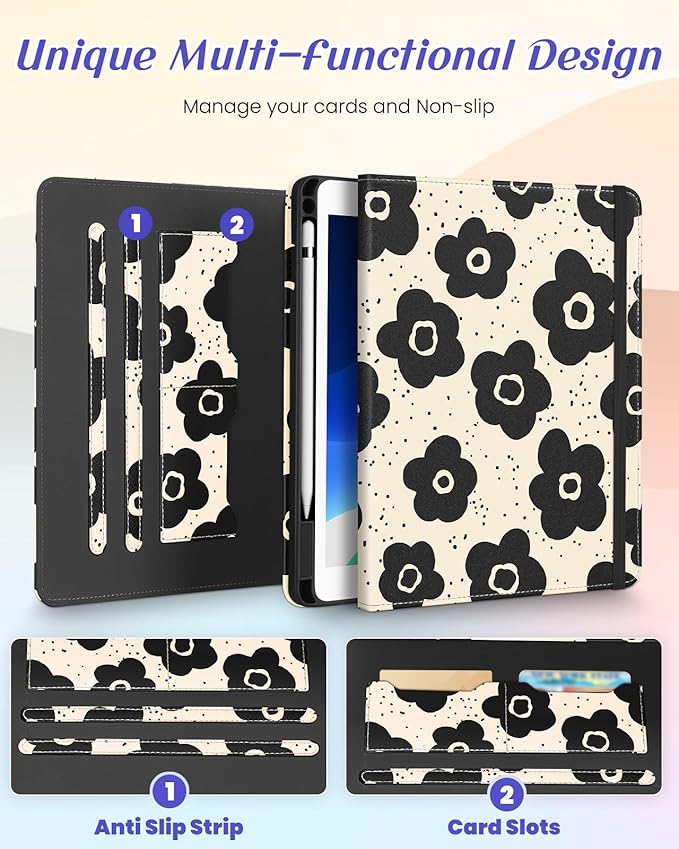 Kidcube for iPad Air 3rd Generation Case/Pro 10.5 Inch Case - Women Girls Cute Rotating Stand Folio Cover with Pencil Holder & Card Slot Black Flowers Floral Design Cover for iPad Pro 10.5''/Air 3rd