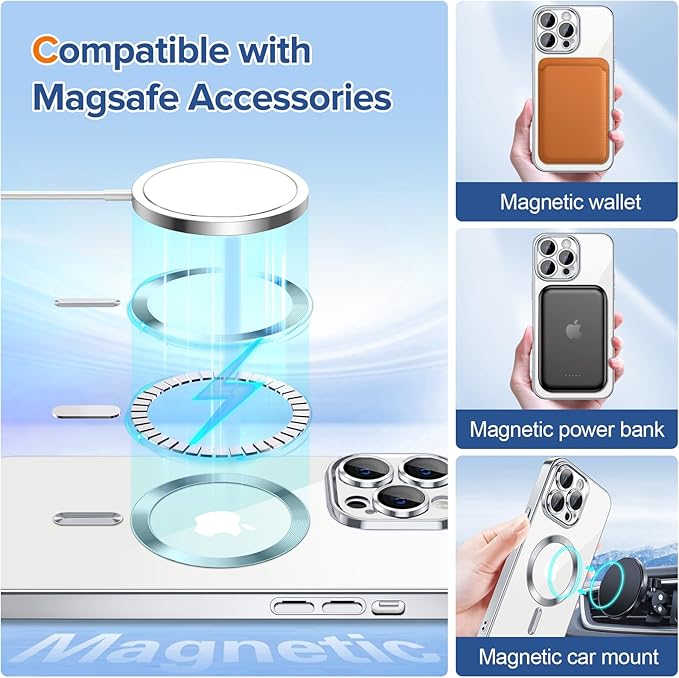 Hython Magnetic Clear for iPhone 14 Pro Case with Camera Lens Protector [Compatible with MagSafe] Luxury Plating Edge Slim Soft TPU Cover Protective Phone Case for iPhone 14 Pro 6.1", Silver
