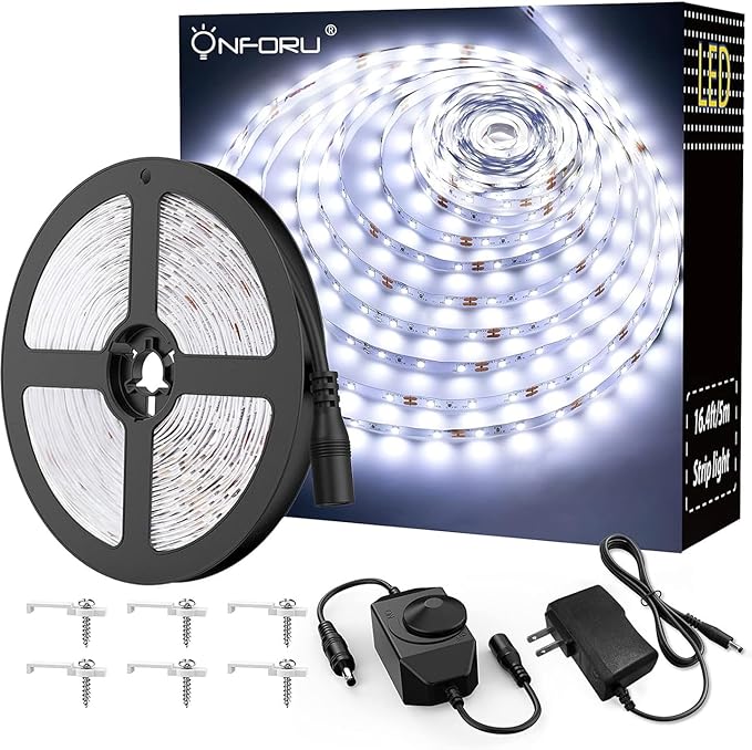 Onforu LED Light Strip,16.4ft Dimmable LED Tape Light, 6000K Daylight White Strip Lighting, 300 LEDs Flexible Vanity Mirror Light, 5M 12V Ribbon Rope Light for Bedroom, Under Cabinet,Kitchen,Christmas