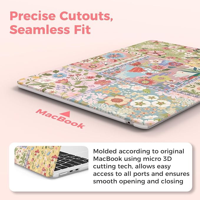 iCasso for MacBook Air 13.6 inch Case M5 2026 M4 2025 M3 M2 2024-2022 Model A3449 A3240 A3113 A2681, Flower Pattern Sturdy Protective Hard Shell Cover for Mac Book Air 13 inch,Pink Floral Patchwork