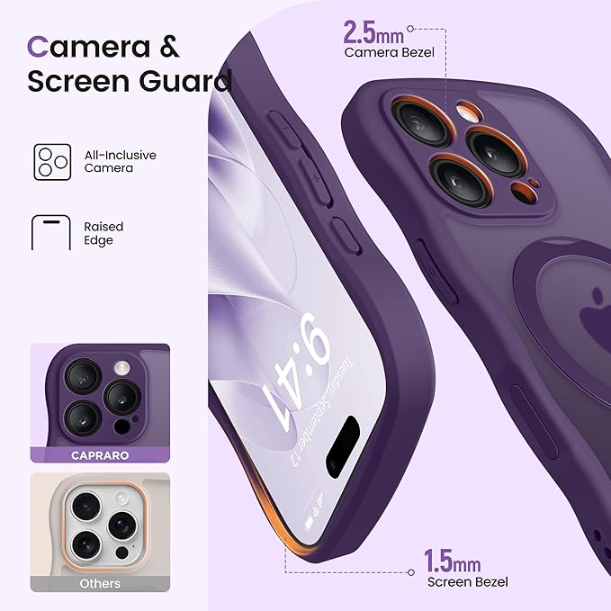 CAPRARO for iPhone 16 Pro Case with 360° Spin Magnetic Stand for Women, [Compatible with MagSafe] [Full Camera Protection] Cute Wave Translucent Matte Case for iPhone 16 Pro, Deep Purple