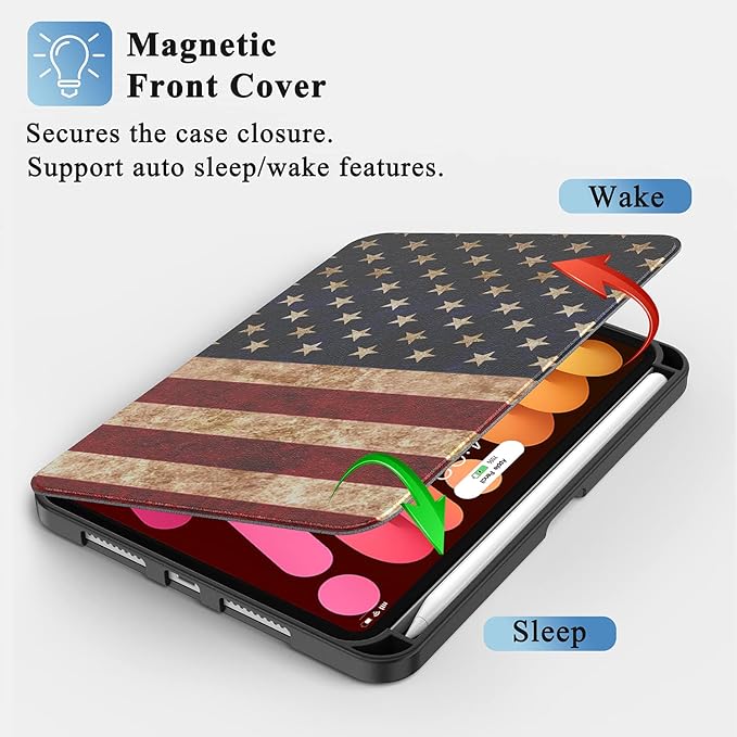 Supveco Case for iPad mini 7 (A17 Pro) 2024/iPad Mini 6 2021 8.3 Inch with Pencil Holder-[Auto Wake/Sleep],Slim Protective Case with Soft TPU Back Cover for iPad mini 7th/6th Generation-Flag