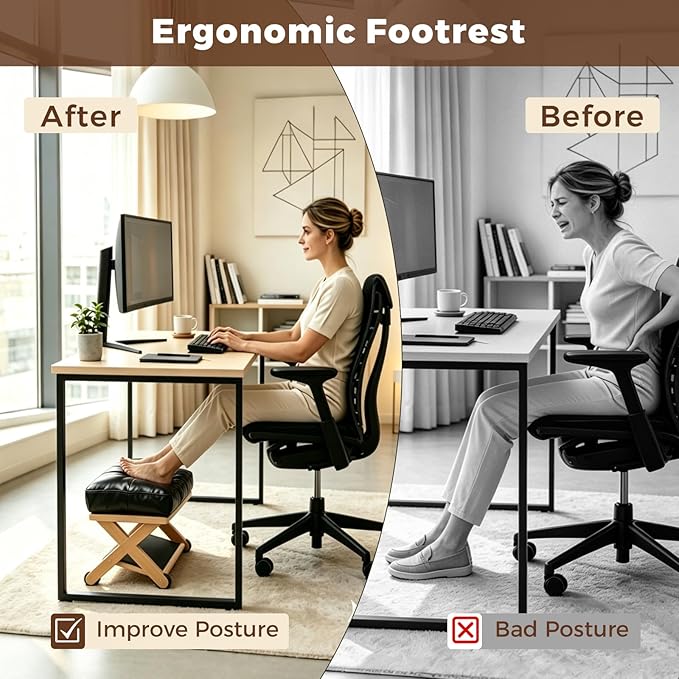 Foot Rest Under Desk, Under Desk Leg Rest with Non-Slip Rubber Stepping Surface - Ergonomic Wooden Footrest Stool for Home & Office Desk - Relieves Fatigue, Improves Posture for Gaming and Work