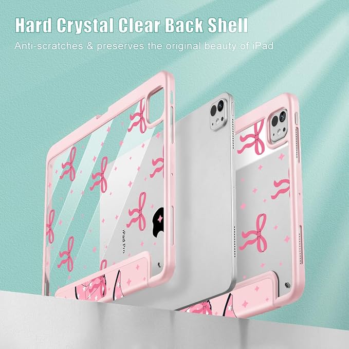 May Chen for iPad Pro 13 Inch Case M5 2025 / M4 2024, Built Pencil Holder & Clear Transparent Print Back Shell Slim Stand Shockproof Tablet Cover, Auto Wake/Sleep, Pink Boots Bows