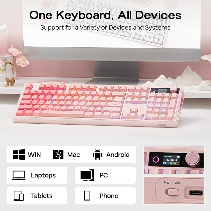 EPOMAKER TH108 V2 PRO Full Size Mechanical Keyboard with Screen&Knob, 10000mAh, BT/2.4Ghz, Mac Modifier PBT Keycap, Hot Swap, RGB, Gasket, Wireless Gaming Keyboard for Mac/PC (Pink, Sea Salt Silent)
