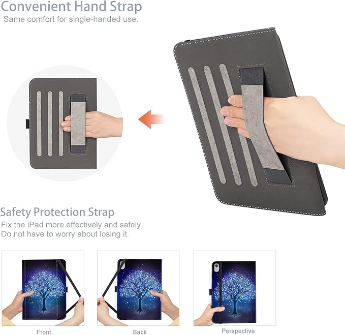 for iPad (A16) 11Th/10Th Generation Case 2025/2022, for iPad Case 11Th/10Th Generation, 10Th/11Th Gen iPadCase Cover Pencil Holder/Hand Strap/Pocket/Adjustable Stand, Blue Star Tree