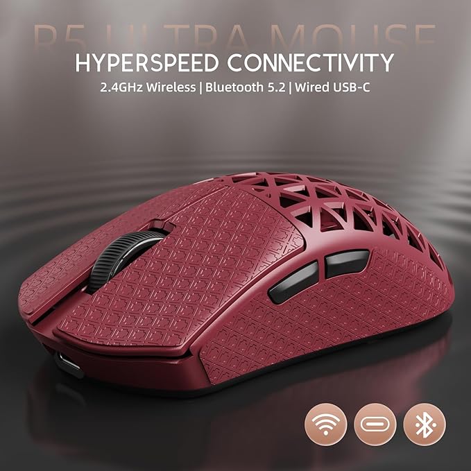 ATTACK SHARK R5 Ultra Wireless Gaming Mouse,Carbon Fiber Shell 39g Superlight,PAW3950MAX Nordic 52840 MCU 8K Polling 42K DPI Optical Sensor,BT/2.4G/USB-C Wired Mice with Coiled Cable-Red&Griptape