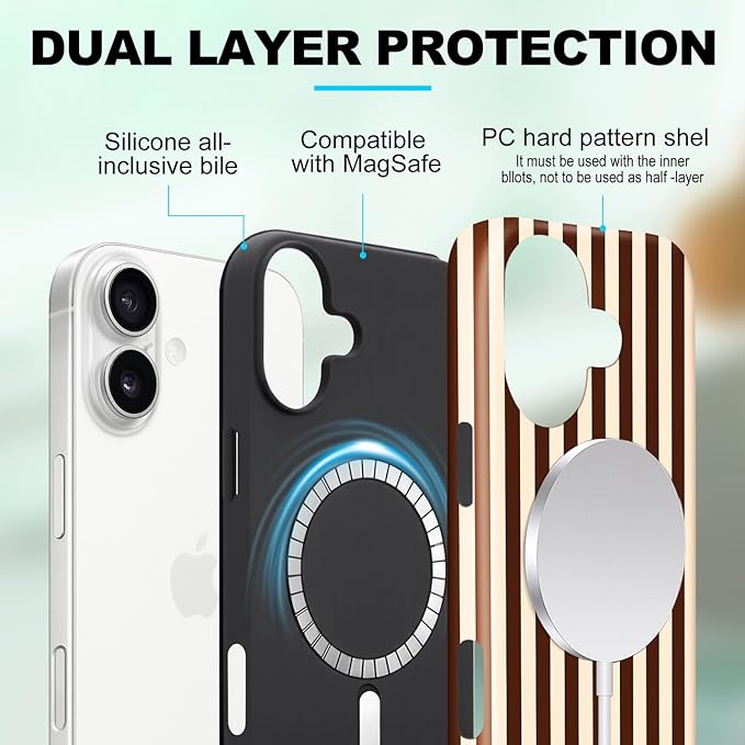 Magnetic for iPhone 17 Case Cute Stripes Phone Case, Shockproof Slim TPU and Hard PC Protective Phone Cover Compatible with MagSafe Designed for Women Girls, Brown