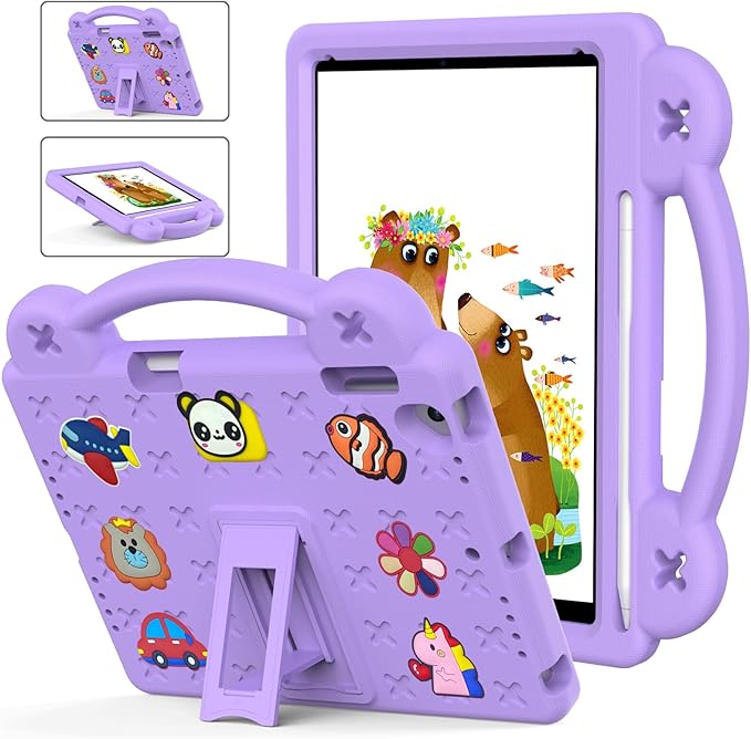 AKABEILA Compatible with Apple iPad Air 1 2013/Air 2 2014/Pro 9.7(2016)/iPad 9.7(2017/2018) Tablet Case, Kids Shockproof Protective Case with Shoulder Strap & Stand Handle & Pen Tray Light Purple