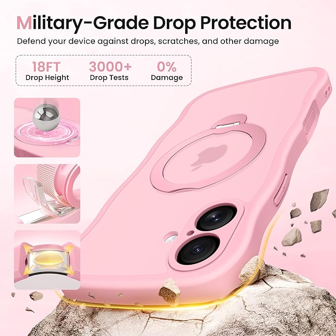 CAPRARO for iPhone 16 Plus Case with 360° Spin Magnetic Stand for Women, [Compatible with MagSafe] [Full Camera Protection] Cute Wave Translucent Matte Case for iPhone 16 Plus, Peach Pink