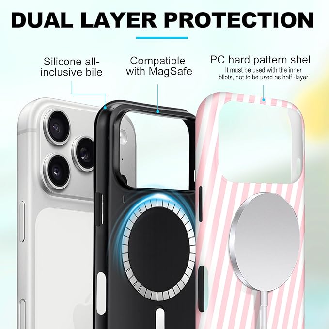 Magnetic for iPhone 17 Pro Case Cute Diagonal Stripes Phone Case, Shockproof Slim TPU and Hard PC Protective Phone Cover Compatible with MagSafe Designed for Women Girls,Pink