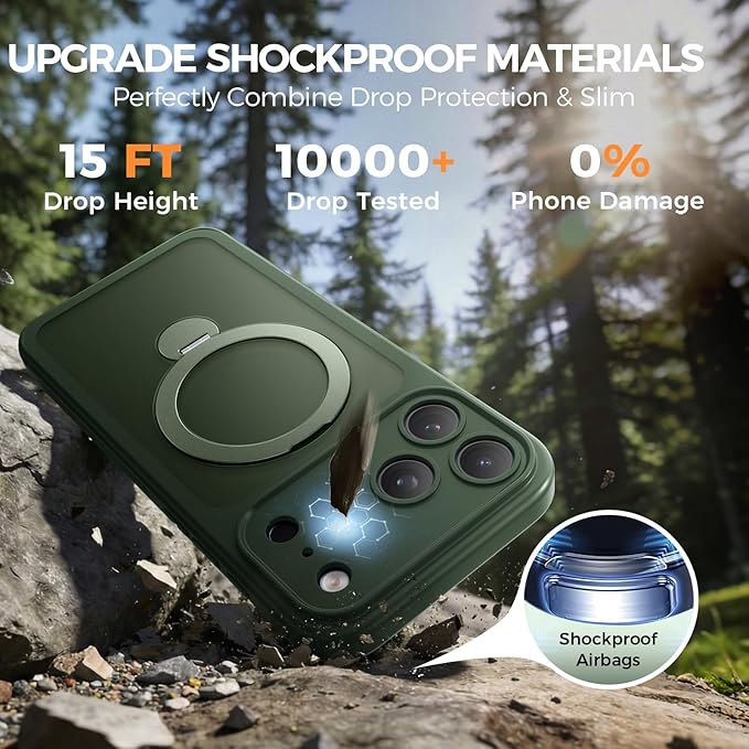 for iPhone 17 Pro Max Case [ 360° Spin Magnetic Stand] [Full Camera Protection] Compatible with Magsafe, 15FT Military-Grade Protection, Translucent Anti-Slip Phone Case 6.9'', Deep Green