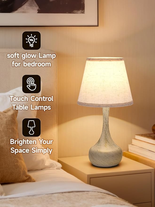 Touch Table Lamp for Bedroom Set of 2, Farmhouse 3-Way Dimmable Bedside Lamps for Nightstand with Fabric Shade