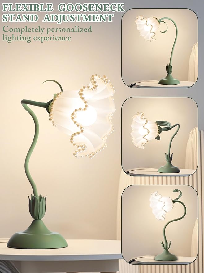 AQDZCNF Flower Table Lamp,LED Reading Light Bedside Vintage Flower Night Light,3 Colors Modes Kawaii Bedside Lamps Decor,Living Room Bedroom Room Lighting Table Lamps Home Decoration (Green Pearls)