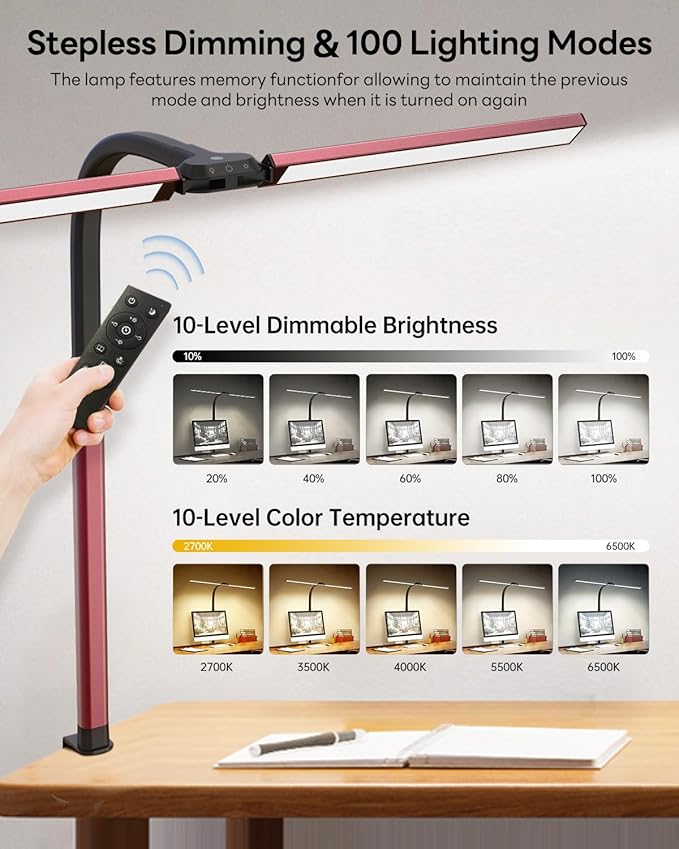 LED Desk Lamp for Home Office, Eye-Caring Desk Light with Clamp, Stepless Dimming 24W Double Head Architect Task Lamp with Remote Control, Flexible Arm for Working Studying Reading Drafting（RED)