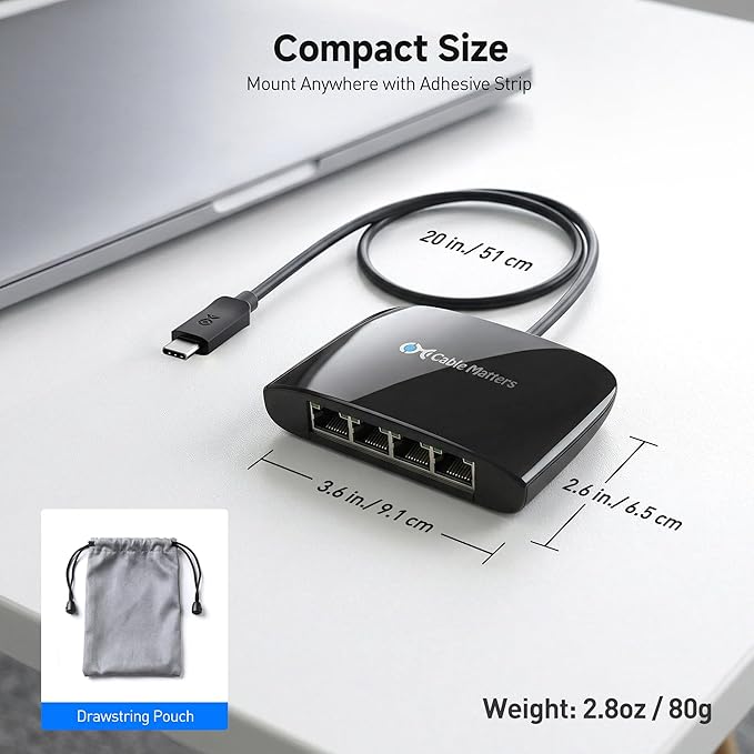 Cable Matters USB C to 4-Port Gigabit Ethernet Switch for Network Sharing on the Move, Thunderbolt Ethernet Splitter, USB C Gigabit Switch, Compatible with Thunderbolt 5/4