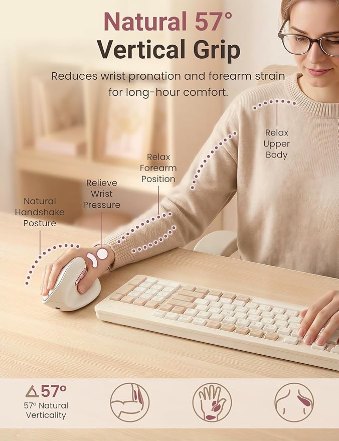 Ergonomic Vertical Wireless Mouse, 57° Natural Handshake for Wrist Pain Relief, Rechargeable 2.4G USB Computer Mouse, Quiet Click, 800/1200/1600 DPI, for Laptop PC Mac, Small/Medium Hands (Beige)