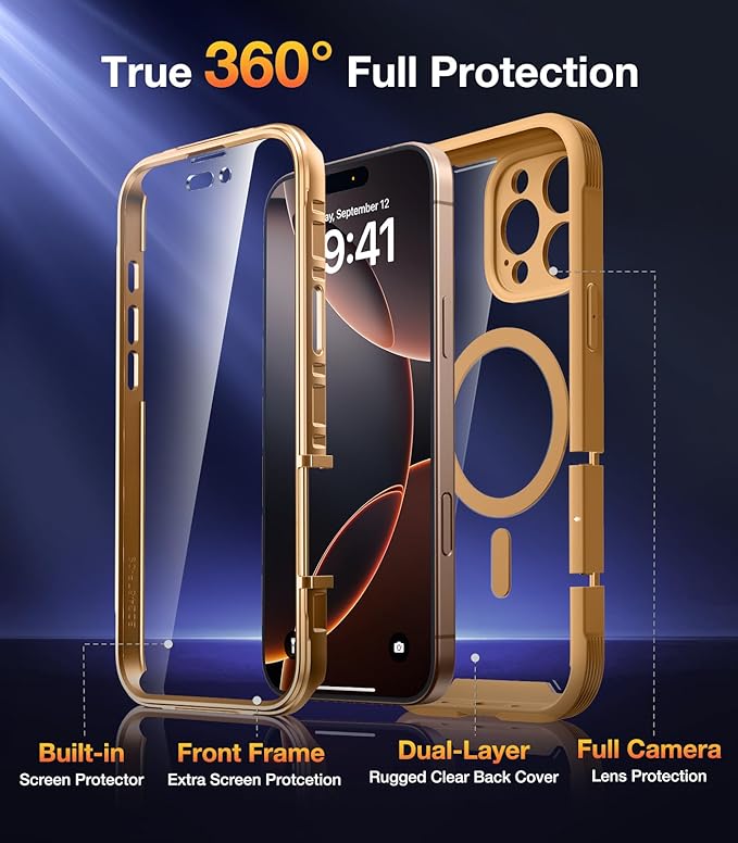 Diaclara Magnetic Designed for iPhone 16 Pro Max Case, Full Body Rugged with Touch Sensitive Anti-Scratch Screen Protector, Compatible with MagSafe, Soft Bumper Case for iPhone 16 Pro Max 6.9'', Brown