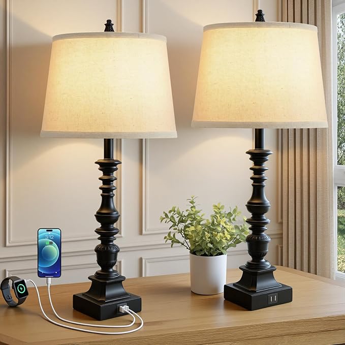 Set of 2 Farmhouse Table Lamps, 27.5'' Tall Rustic Bedside Lamps with 2 USB Ports, Beige Fabric Shade Nightstand Lamp, White Resin Desk Lamp with Rotary Switch for Living Room, Bedroom, Office