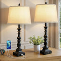 Set of 2 Farmhouse Table Lamps, 27.5'' Tall Rustic Bedside Lamps with 2 USB Ports, Beige Fabric Shade Nightstand Lamp, White Resin Desk Lamp with Rotary Switch for Living Room, Bedroom, Office