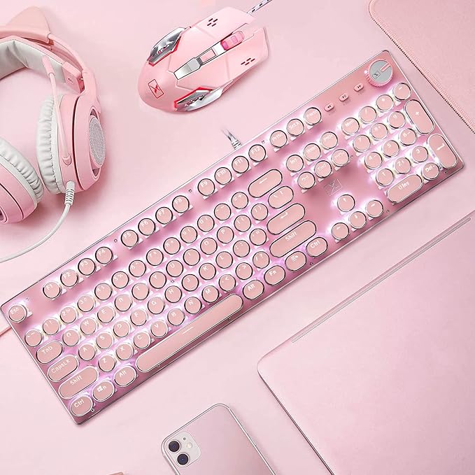 Pink Typewriter Keyboard and Mouse,Retro Vintage Mechanical Gaming Keyboard with White LED Backlit,104 Keys Anti-Ghosting Blue Switch Wired Cute Keyboard,Round Keycaps for Desktop PC/Laptop Mac
