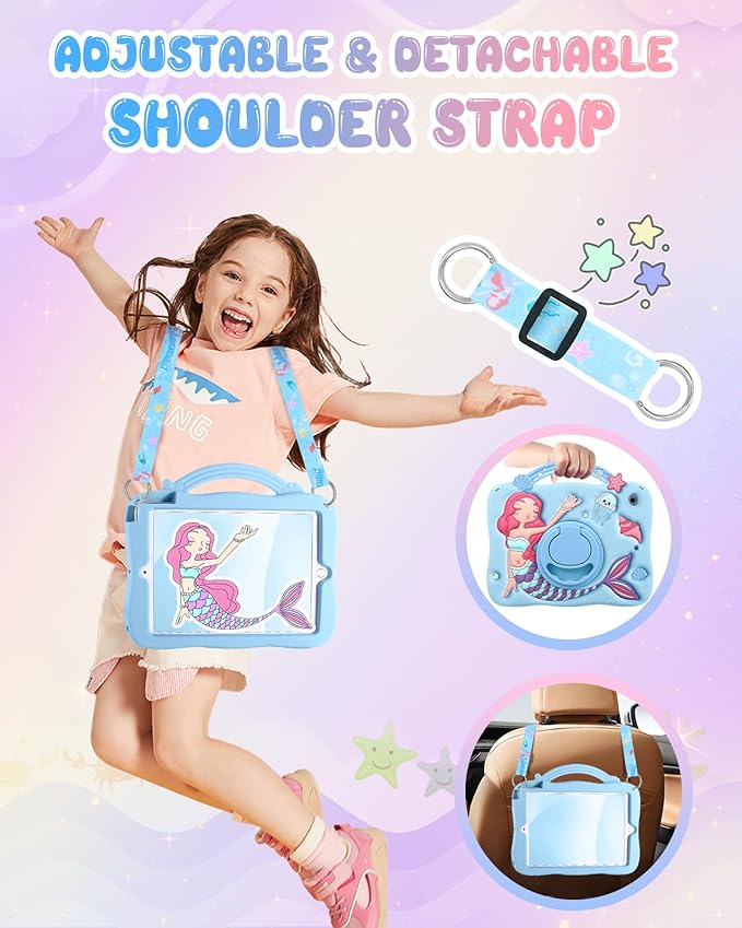Boaretiu for iPad 9th Generation Case 10.2 Inch - 3D Cute Cartoon Blue Mermaids for iPad 7th/8th/9th Gen Girls Teens Soft Silicone Tablet Cover with Strap & Rotating Stand
