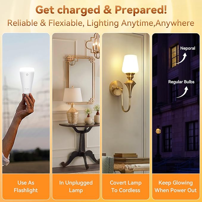 Neporal MAGIXPRO Smart Rechargeable Light Bulbs with Remote, USB+Socket Rechargeable Battery Operated Light Bulb, 2 Hrs Fast Charging Last 5-52 Hrs, 9+3 Colors, 4 Pack (MagixPro RGB, 4)