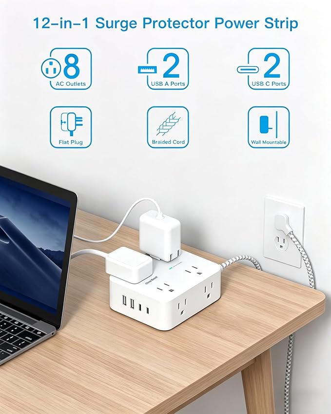 Extension Cord 20 Ft, One Beat Surge Protector Power Strip 20 Ft Long Cord, 8 AC Outlets with 4 USB Ports(2 USB C), White Power Strip for Home Office College Dorm Room, Desk Essentials