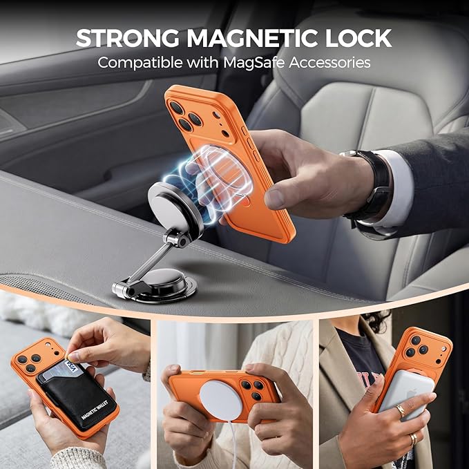 for iPhone 17 Pro Max Case [ 360° Spin Magnetic Stand] [Full Camera Protection] Compatible with Magsafe, 15FT Military-Grade Protection, Translucent Anti-Slip Phone Case 6.9'', Cosmic Orange