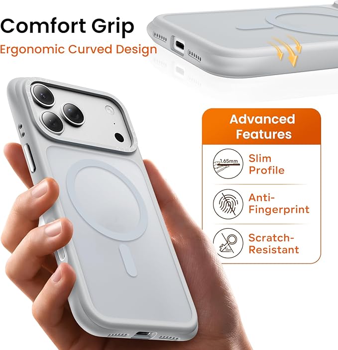 ORNARTO Magnetic for iPhone 17 Pro Max Case, 20FT Military-Grade Drop Protection, Compatible with MagSafe, Slim Shockproof Translucent Matte Phone Case for iPhone 17 Pro Max 6.9", Light Gray