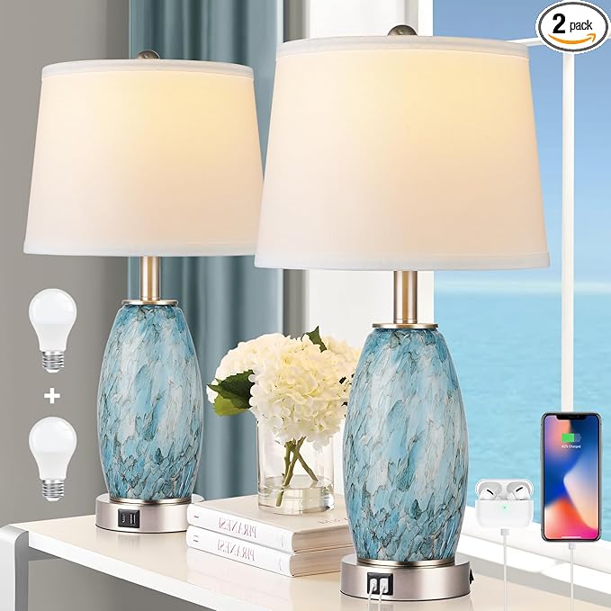 Lovlast Table Lamps Set of 2 with 3-Way Lighting Modes, USB & Type C Ports - Coastal Modern Style Glass Nightstand Lamps for Living Room & Bedroom Decoration (23.5" H)