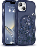 GVIEWIN Cute for iPhone 14 Case & iPhone 13 Case [Compatible with MagSafe] [Curly Wave Edge] Floral Translucent Magnetic Shockproof Protective Phone Cover for iPhone 14/13 6.1'', Floratopia/Blue