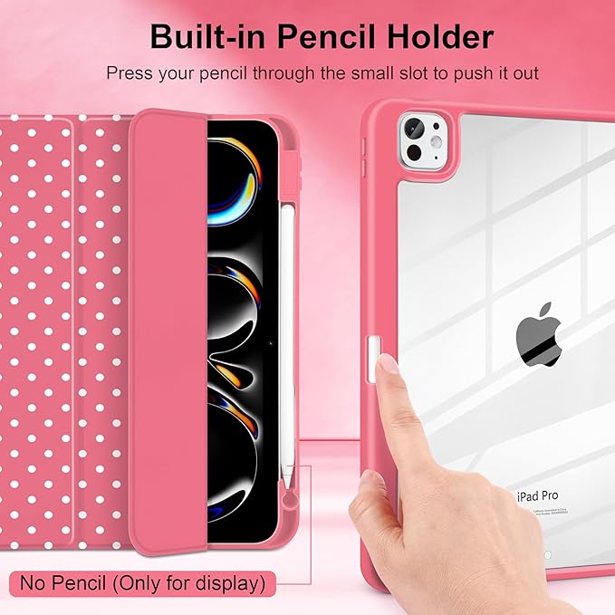 Case for iPad Pro 11 Inch (M5 2025 M4 2024) – [Built-in Pencil Holder], Shockproof & Stylish, Clear Hard Back + Soft TPU Edge, Magnetic Trifold Stand, Auto Wake/Sleep, Rose red White dot