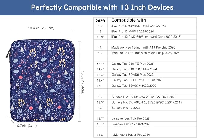 Dadanism 13 Inch Tablet Sleeve Bag Carrying Case for iPad Pro 13" M5/M4 2025/2024, iPad Air 13" M4/M3 2026/2025, iPad Pro 12.9", Galaxy Tab S10+/S9 FE+/S9+ 12.4", Remarkable Paper Pro 11.8",Night Blue