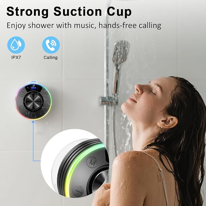 Speakers Bluetooth Wireless, Shower Speaker with Lights, IPX7 Waterproof Bluetooth Speakers with Suction Cup, Deep Bass, Built-in Mic, Digital Display, Portable Speakers Hook for Cycling Party Travel