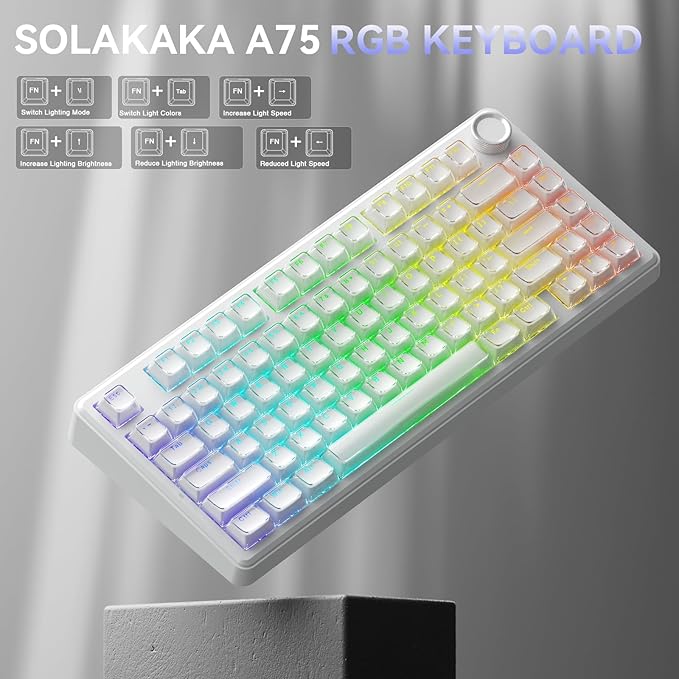 SOLAKAKA A75 Wireless Gaming Keyboard with Multifunction Knob, BT5.0/2.4GHz/USB-C, 75% Mechanical Keyboard, Hot-Swappable, Gasket Creamy Keyboard with RGB Backlit, Crystal Keycaps, for PC/Mac/PC