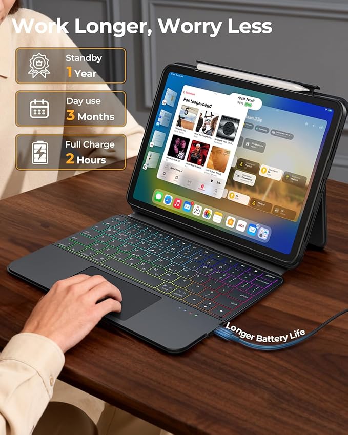 Clear Magnetic Keyboard Case for iPad Pro 11 Inch (M5/M4) 2025/2024, 7-Color Backlit & Multi-Touch Trackpad, Detachable 360 Rotation & Up-Down Lift Protective Case w/Stand, Black