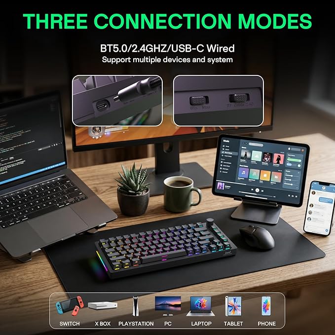 HINATSUSIKE H83 Pro 75 Percent Wireless Mechanical Keyboard for Gaming, Hot-Swappable with Knob, RGB Backlit, Pre-Lubed Cardamom Linear Switches, Side-Printed PBT Keycaps, 2.4G/BT5.0/USB-C Black