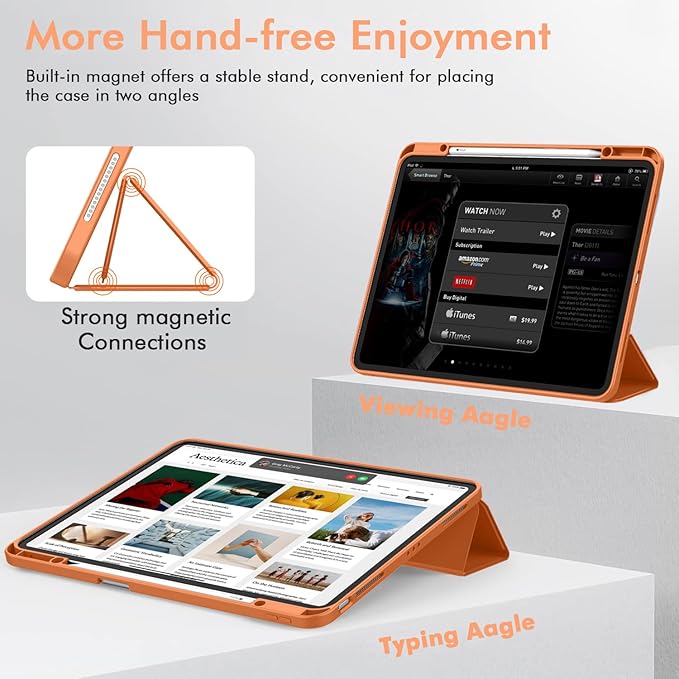 ZryXal New iPad Air 13 Inch Case M3 2025/M2 2024 with Pencil Holder, Trifold Stand Smart Case with Soft TPU Back,Auto Wake/Sleep(Orange)