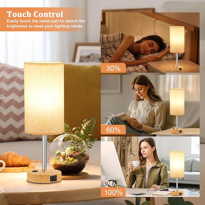 PartageiZ 17.4Inches Tall Touch Bedside Table Lamps Set - 3 Way Dimmable Bedroom Lamp with USB C Ports, Small Desk Lamps for Nightstand with AC Outlet for Dorm/Bathroom/Kitchen/Living Room