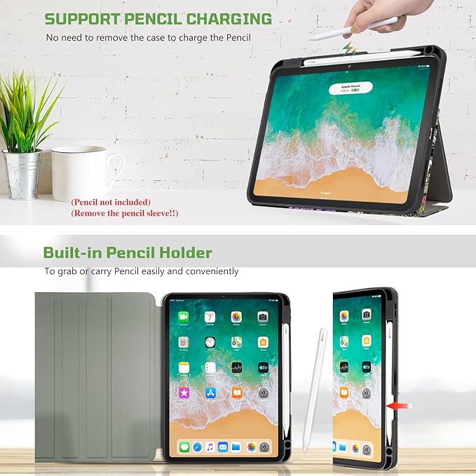 for iPad Air 11 Inch Case M4/M3/M2 2026, for iPad Air 5Th/4Th Gen Cases 10.9-inch,for iPad Pro 11 Inch Case 4Th/3Rd/2Nd/1St Generation Typing Stand 4 Viewing Stand,Pencil Holder, Black Flower